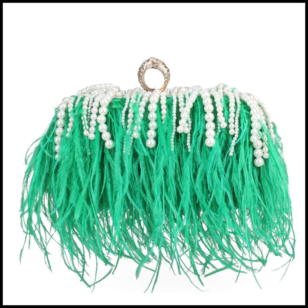 Ostrich Feather Evening Clutch Vintage Elegant Banquet Handbag Pearl Chain